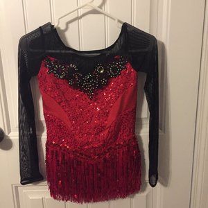 Weissman Red Sequin Fringe Dance Dress with Black Mesh